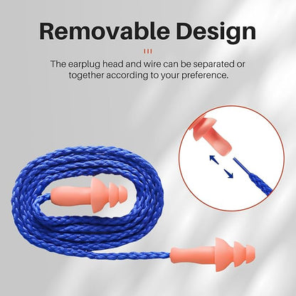 100 Pairs Silicone Corded Ear Plugs SNR 32dB - Reusable Noise Reduction Earplugs with String,Individually Wrapped,for Work & Construction Site,Orange