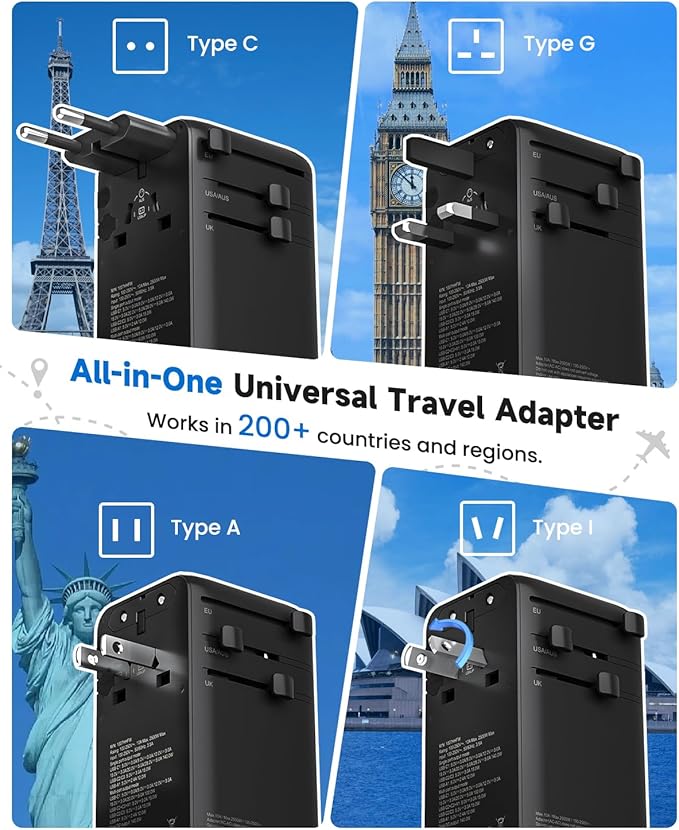 DOACE Universal Travel Adapter, 140W GaN 3.0 European Travel Plug Adapter with Built-in USB-C Cable, 6 in 1 USB-C PD Fast Charging Universal Adapter for Worldwide Travel-EU/UK/USA/AUS