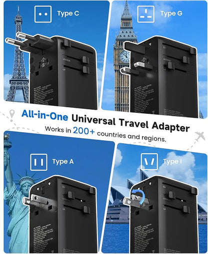 DOACE Universal Travel Adapter, 140W GaN 3.0 European Travel Plug Adapter with Built-in USB-C Cable, 6 in 1 USB-C PD Fast Charging Universal Adapter for Worldwide Travel-EU/UK/USA/AUS