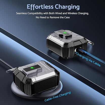 DASFOND Armor Cover AirPods 2nd & 1st Generation Case, Military Grade Full Body Shockproof Protection Hard Case, Support Wireless Charging with Keychain, Magnetic Lid, Front LED Visible, Silver