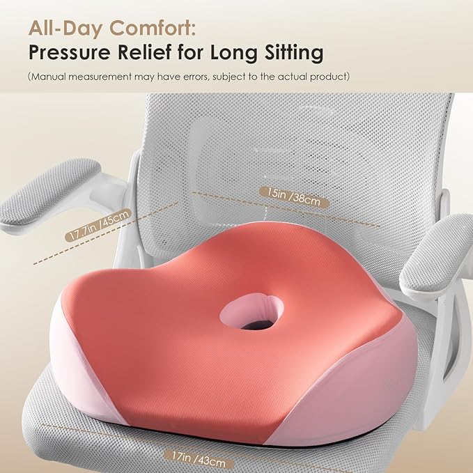 FLORICH Seat Cushion, Memory Foam Seat Cushion for Car Office Chair, Ergonomic Office Seat Chair Cushion for Sciatica Pain Relief, Larger Seat Cushion for for Long Sitting Office Workers - Pink