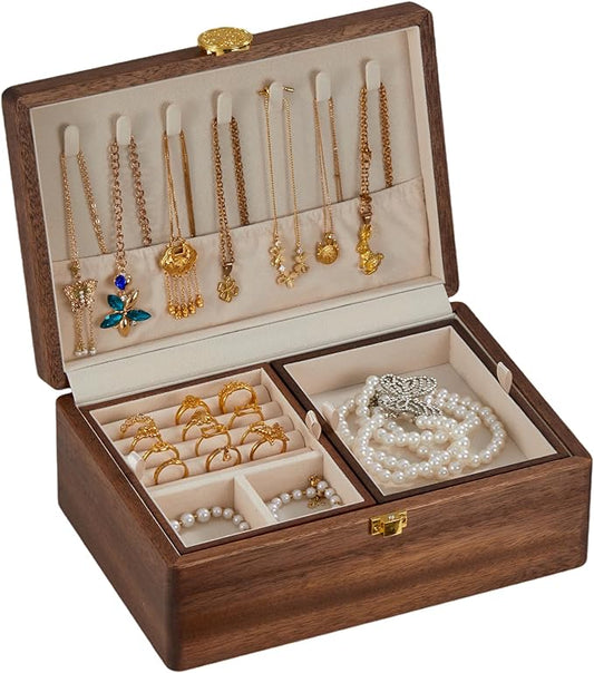 Wooden Jewelry Box For Women Jewelry Organizer Box With Lock 2 Layer Jewelry Holder Organizer For Necklace Ring Earring