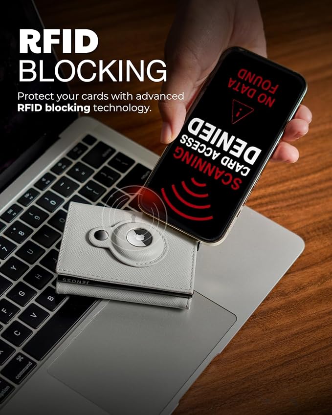 Jenoss Smart AirTag Wallet for Men & Women: Full Grain Leather, Handcrafted, Pop Up Case, Slim, RFID Blocking, Credit Card Holder, Apple Air Tag Tracker Minimalist 9-12 Slot | ID & Cash (Black& Grey)