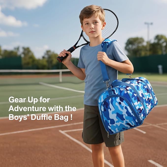 Bagseri Travel Duffle Bag Boys - Waterproof Kids Gym Sports Bag for Overnight Sleepover Bag with Shoe Compartment and Dry Wet Separation Pockets (Blue Camo)