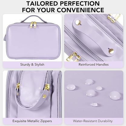 Travel Makeup Bag Women's Large Capacity Cosmetic Portable Organizer Large Opening Waterproof Storage Toiletry Bags Vertical Free-Standing Brush Holder for Easy Access Purple