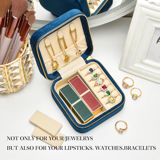 TAIMY Plush Velvet Travel Jewelry Box, Small Travel Jewelry Case, Portable Mini Jewelry Travel Organizer Boxes for Rings Earrings Necklaces Bracelets(Navy Blue,No Mirror)