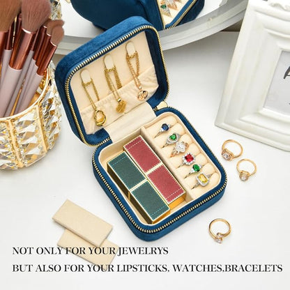 TAIMY Plush Velvet Travel Jewelry Box, Small Travel Jewelry Case, Portable Mini Jewelry Travel Organizer Boxes for Rings Earrings Necklaces Bracelets(Navy Blue,No Mirror)