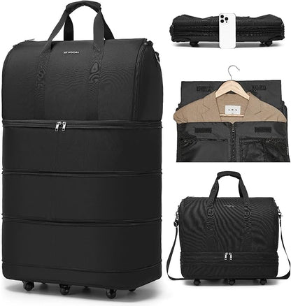 Collapsible Rolling Garment Bags, Large Rolling Duffle Bag with Wheels Convertible Travel Garment Bag for Men Women Carry On Garment Bag for Travel Suitcase Suit Business Travel Bag, Black