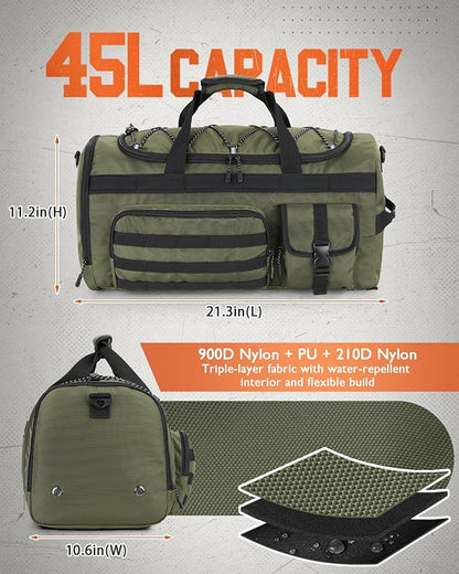 Gonex 45L Duffel Bag for Men, 3 in 1 Convertible Carry Gym Duffle with Shoe Compartment, Tactical Gear Loops, Water-Repellent Lining, Workout & Travel Bag (Army Green)