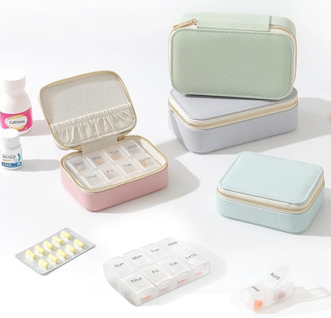 Genuine Leather Travel Pill Organizer Box Case 2 Times a Day for Purse for Women, Cute Medicine Pill Holder Containers for Vitamin Medium Weekly Daily 7 Day Am Pm Pill Organizer(Black)