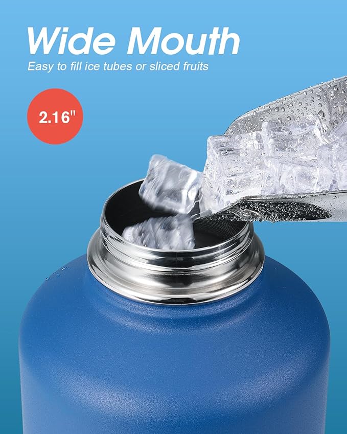 Water Bottle Insulated 64 oz with Straw & 3 Lids, Coolflask Half Gallon Water Jug Large Metal Stainless Steel Wide Mouth for Sports, Gym or Office, Non-BPA Keep Cold 48H Hot 24H, King's Blue