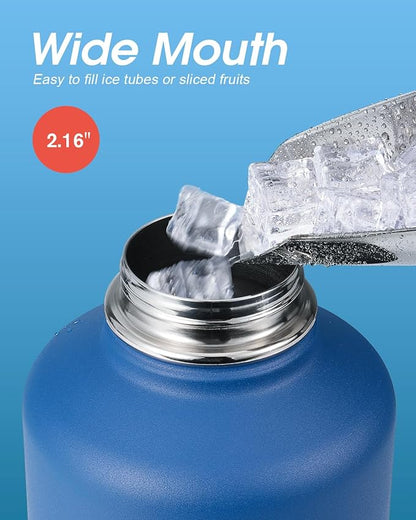 Water Bottle Insulated 64 oz with Straw & 3 Lids, Coolflask Half Gallon Water Jug Large Metal Stainless Steel Wide Mouth for Sports, Gym or Office, Non-BPA Keep Cold 48H Hot 24H, King's Blue