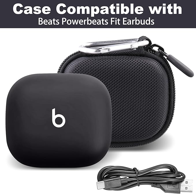 co2CREA Hard Case for Beats Powerbeats Fit with Carabiner Clip, Shockproof Earbuds Storage Box – Protective Travel Cover for Wireless Noise Cancelling Earbuds (Black Case)