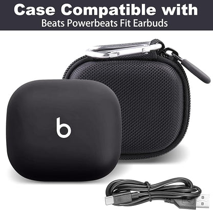 co2CREA Hard Case for Beats Powerbeats Fit with Carabiner Clip, Shockproof Earbuds Storage Box – Protective Travel Cover for Wireless Noise Cancelling Earbuds (Black Case)