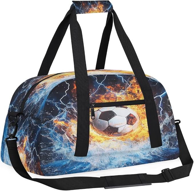 Kids Duffle Bag Girls Boys Soccer Ball Sport In Fire Ice Weekender Overnight Bag,Lightweight Duffel Bags for Traveling Gym Sport Dance