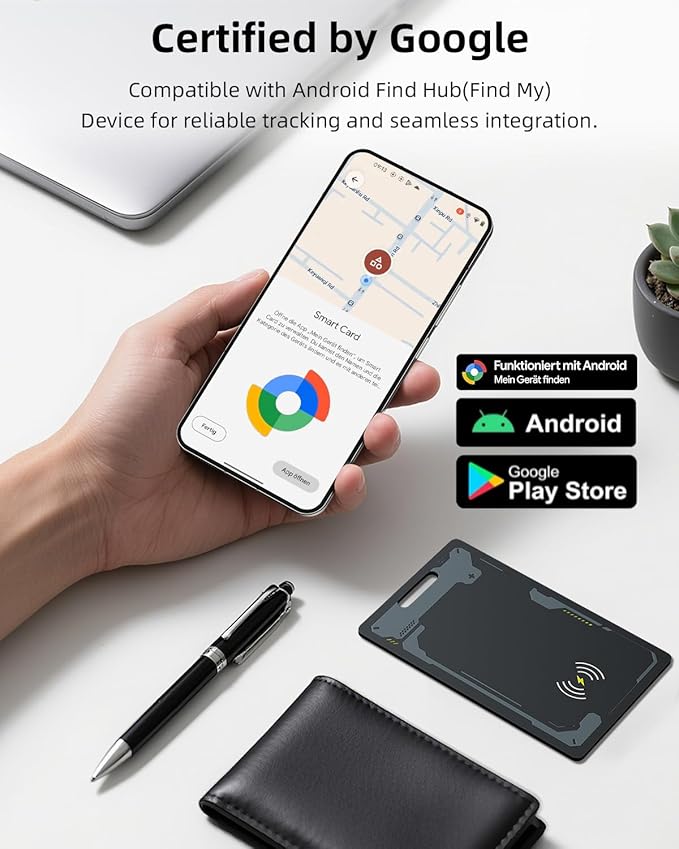 Wallet Tracker Card Android, IP68 Waterproof Smart Card Luggage Tracker Compatible with Google Find Hub (Android Only), Rechargeable Item Locator Finder, Slim Tracking Card for Wallet, Black