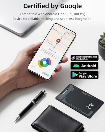 Wallet Tracker Card Android, IP68 Waterproof Smart Card Luggage Tracker Compatible with Google Find Hub (Android Only), Rechargeable Item Locator Finder, Slim Tracking Card for Wallet, Black