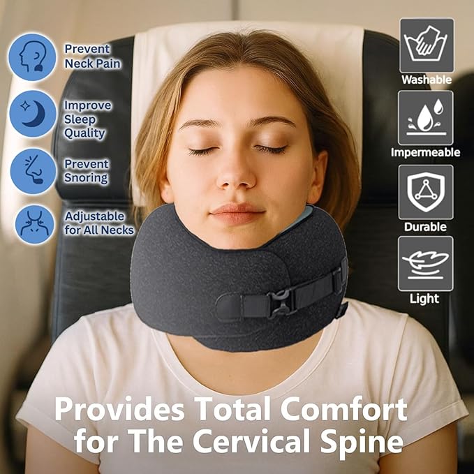 Neck Pillow Airplane –2025 Updated, 100% Memory Foam Travel Pillow for Sleeping, 360° Ergonomic Neck Support, Pain Relief for Long Flights, Portable Travel Accessory for Plane & Car (Dark Gray)