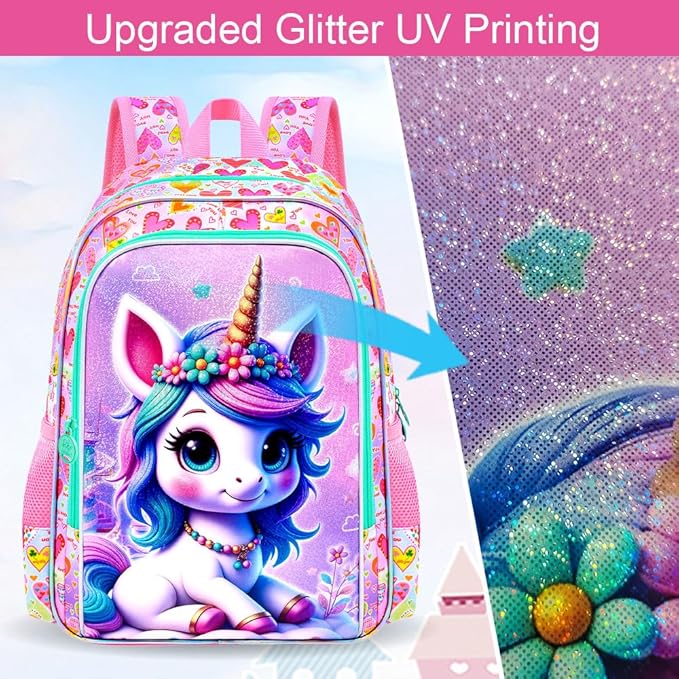 WZLVO 3PCS Kids Backpack for Girls, Unicorn Dinosaur Animal Prechool Elementary Kindergarten School Bookbag with Lunch Box