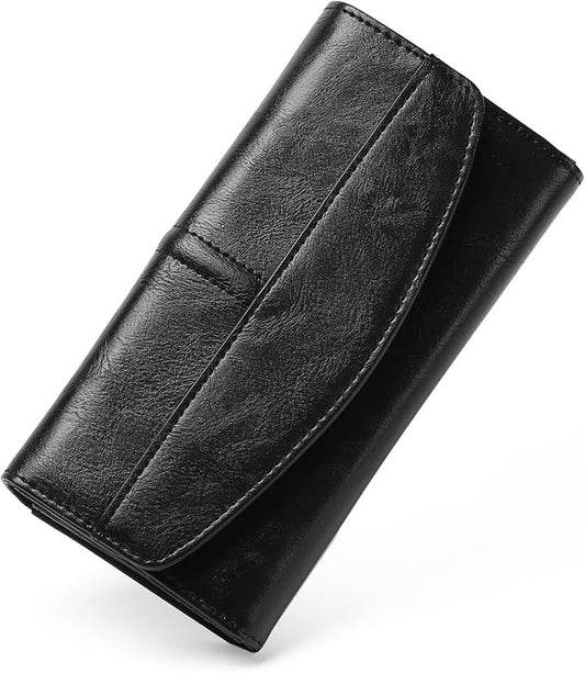 RFID Blocking Genuine Leather Wallet for Men and Women Large Capacity Phone and Credit Card Holder Organizer Purse (Black)