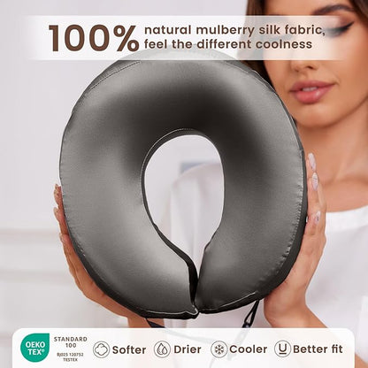 THXSILK 100% Mulberry Silk Neck Pillow for Traveling, Pure Memory Foam Travel Pillow for Airplanes, Travel Neck Pillow for Sleeping, Head and Neck Support, Includes Storage Bag (Charcoal)