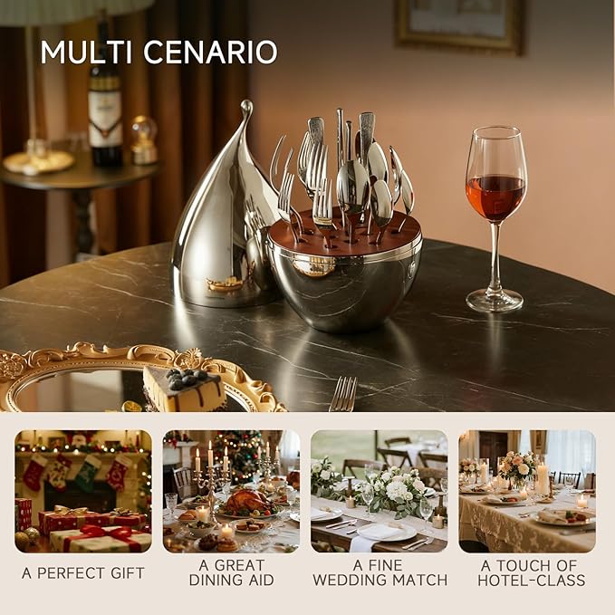 KINGSTONE Silverware Set with Waterdrop Storage Organizer, Luxury 20 Piece Flatware Set for 4, 18/10 Stainless Steel Cutlery Set with Diamond Cut Pattern Ideal for Kitchen,Party and Gift