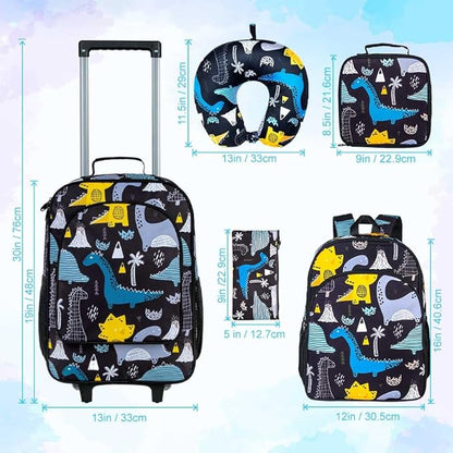 AGSDON 5 Piece Kids Luggage Set for Boys, Cute Rolling Wheels Suitcase for Toddler, Children Travel Carry on Suitcase-Dinosaur