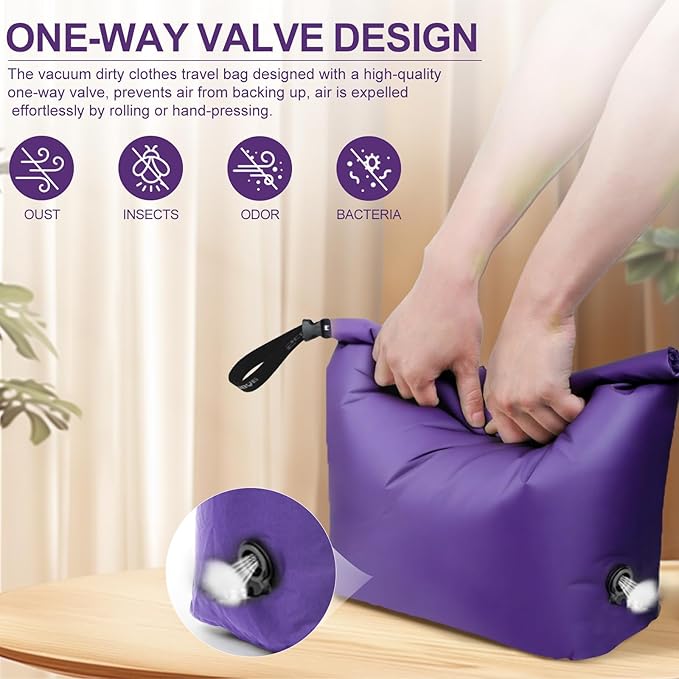 Travel Laundry Bag, Vacuum Compression Dirty Clothes Travel Bag Waterproof Wet Dry Bags Large Capacity Space Saver Bags Reusable Camp Clothes Organizer for Sports Dorm Laundromat (1 Pcs) (Purple, M）