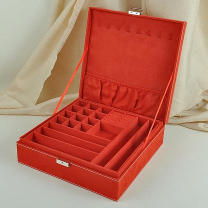 Jewelry Boxes 10 x 10 Inches 2-layer Handle Necklace Holder Organizer Jewellery Women Rings Storage Display Girls Earrings Case Lockable Jewelry Tray GY641 (Red)