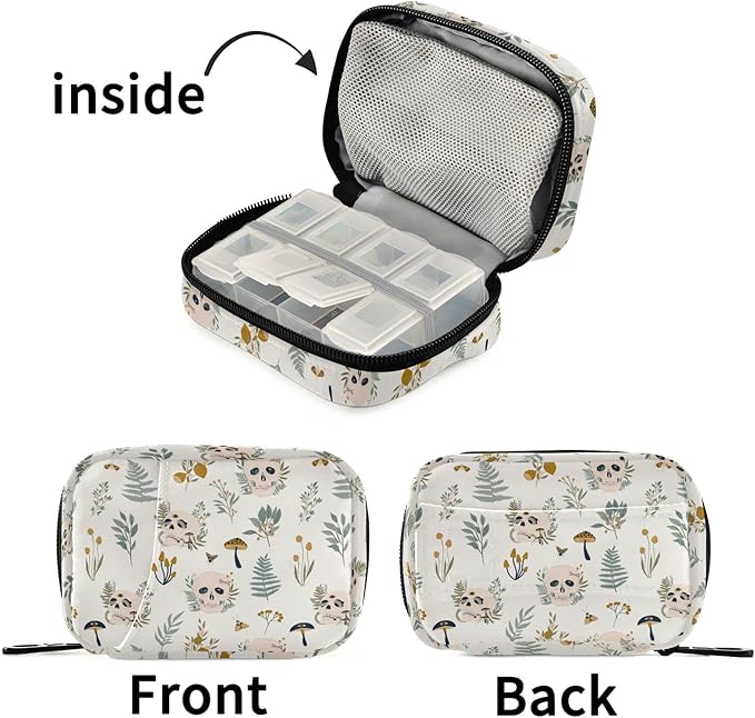 Fustylead Plants Mushrooms Skulls Travel Pill Case Bag with Zipper Weekly Pill Box 8 Compartments 7 Day Personal Pill Case Purse Medicine Case Organizer
