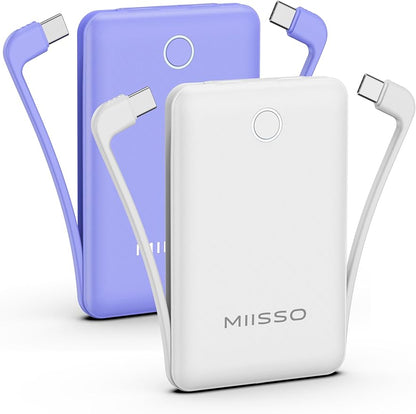 10000mAh Compatible with iPhone 15/16/17 and Android, Slim Portable Charger with Built in Cable, Power Bank Travel Charger External Battery Pack for Phone, 3 Output USB Type C, 2 Pack White & Purple