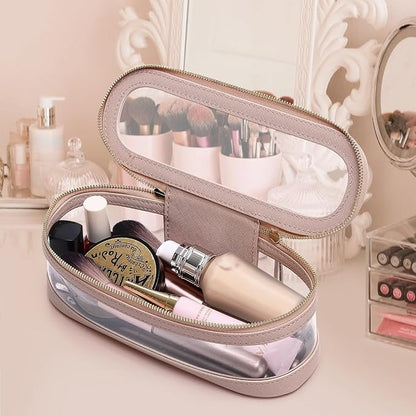 Pinkmik Makeup Brush Case Clear Travel Cosmetic & Toiletry Bag Slim Makeup Bag with Zipper Small Purse Organizer Car Essential Bag for Women (Pink, SLIM-2)