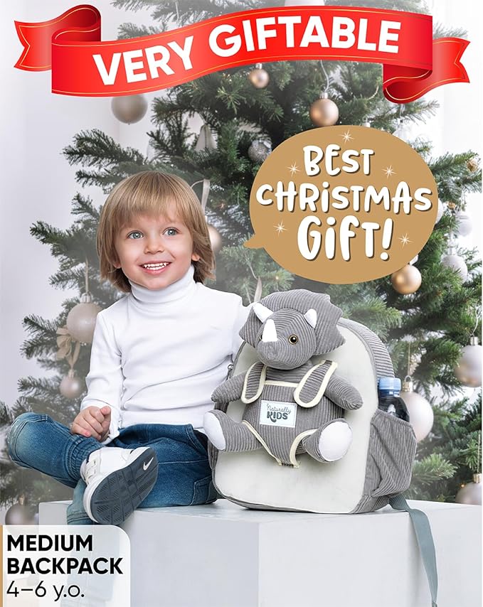 Naturally KIDS Grey Dinosaur Backpack for Boys 4-5, Triceratops Dinosaur Gifts for 4-5 Year Old Boys, Girls, Toddler Backpack