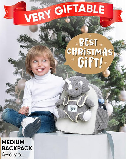 Naturally KIDS Grey Dinosaur Backpack for Boys 4-5, Triceratops Dinosaur Gifts for 4-5 Year Old Boys, Girls, Toddler Backpack