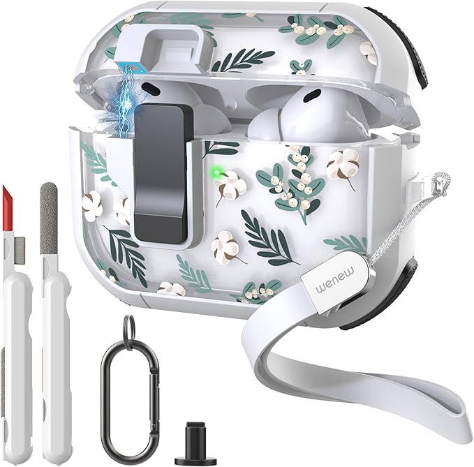 WENEW for AirPods Pro 3 Case (2025) Cover Secure Lock Automatic Snap Switch Clip Cleaner Kit Lanyard Women Stylish Flower Hard Shell Full Body Front LED Visible (Green Leaves, AirPods Pro 3)