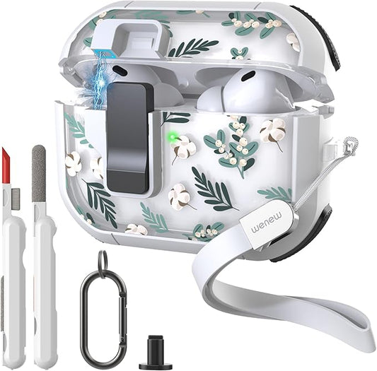 WENEW for AirPods Pro 3 Case (2025) Cover Secure Lock Automatic Snap Switch Clip Cleaner Kit Lanyard Women Stylish Flower Hard Shell Full Body Front LED Visible (Green Leaves, AirPods Pro 3)