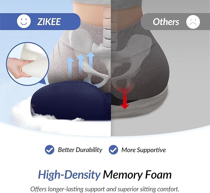ZIKEE Ergonomic Seat Cushion with Thigh Relief Slope, Office Chair Cushion with Premium Memory Foam for Car, Home, U-Shaped Design Alleviates Hip, Tailbone Pain, Anti-Slip Sciatica Pain Relief Pillow