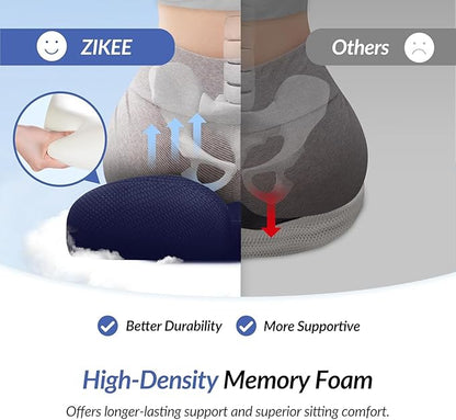 ZIKEE Ergonomic Seat Cushion with Thigh Relief Slope, Office Chair Cushion with Premium Memory Foam for Car, Home, U-Shaped Design Alleviates Hip, Tailbone Pain, Anti-Slip Sciatica Pain Relief Pillow