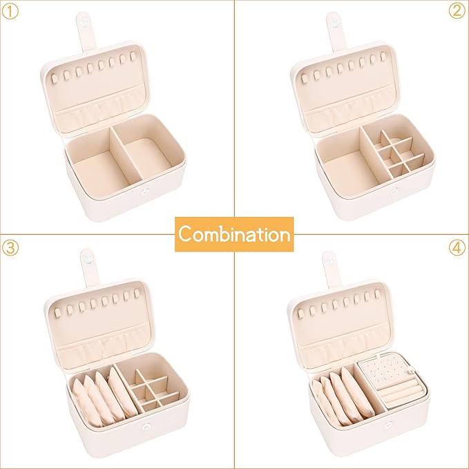 2 Layer Portable Jewelry Box, Large Jewelry Travel Case with 4 Jewelry Pouches, Medium Size Jewelry Organizer Box for Earrings, Necklaces, Bracelets (beige)