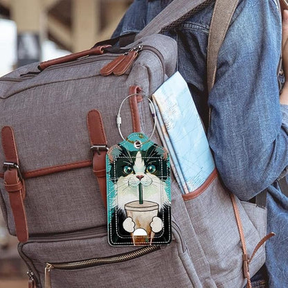 Funny PU Leather Luggage Tags 2-Pack Cat Drinking Coffee Cute Pattern Suitable for Suitcase Stainless Steel Loop and Address Card Essential for Cruise and Airport Travel for Men and Women