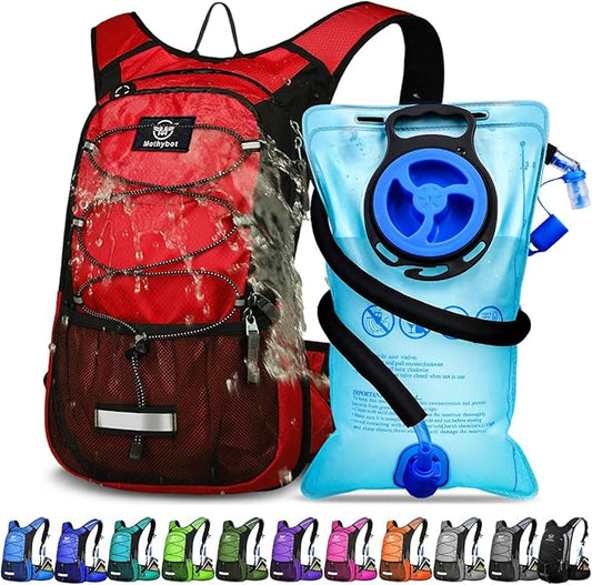 Insulated Hydration Backpack Pack with 3L BPA Free Leak Proof Water Bladder, Large Storage Lightweight Hiking Daypack with Waist Pouches & Cooler Layer, for Running, Biking, Camping, Festival