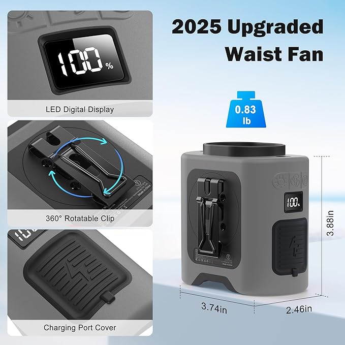 KITWLEMEN 14500mAh Portable Waist Fan - Personal Clip on Belt Fan, 5 Speed 67H Cooling, Rechargeable Battery Operated, Wearable with Lanyard & Light for Camping, Travel, Jobsite (Gray)