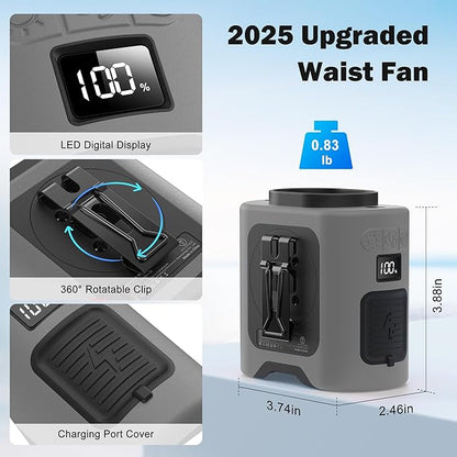 KITWLEMEN 14500mAh Portable Waist Fan - Personal Clip on Belt Fan, 5 Speed 67H Cooling, Rechargeable Battery Operated, Wearable with Lanyard & Light for Camping, Travel, Jobsite (Gray)