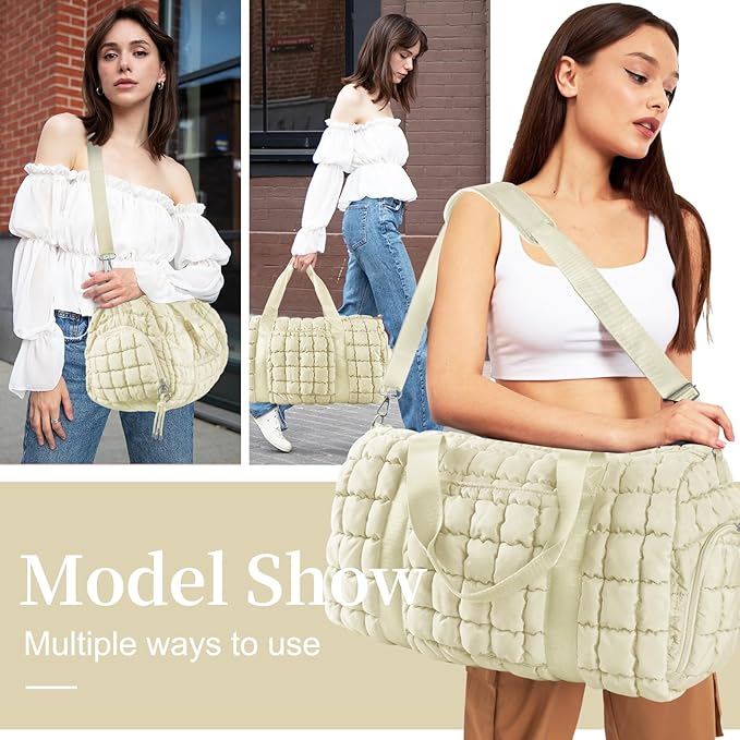 Quilted Travel Duffle Bag Gym Bag for Women,Large Puffer Duffle Weekender Bag with Compartment,Workout Overnight Carry on Organizer Bag Duffle Bag for Airplane Travel(L-Off-white)