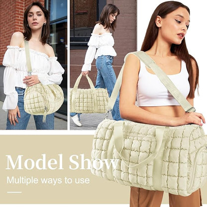 Quilted Travel Duffle Bag Gym Bag for Women,Large Puffer Duffle Weekender Bag with Compartment,Workout Overnight Carry on Organizer Bag Duffle Bag for Airplane Travel(L-Off-white)
