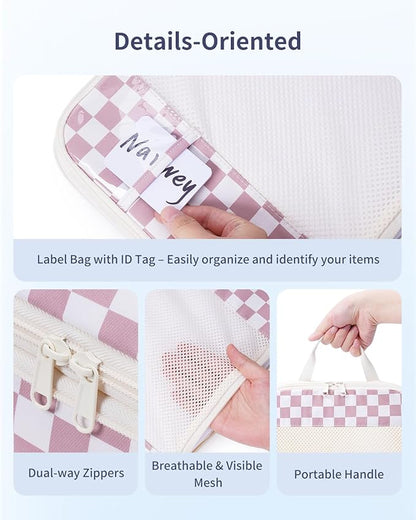 Narwey 5 Set Compression Packing Cubes for Travel, Luggage Packing Organizer Bags for Carry on Suitcase, Expandable Checkered Storage Bags with Laundry & Handle (Dusty Pink Checkerboard)