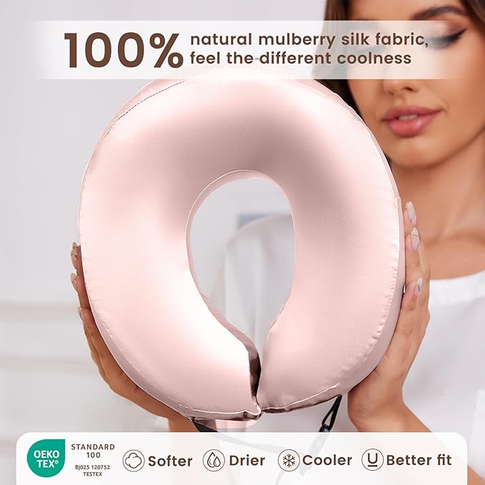 THXSILK 100% Mulberry Silk Neck Pillow for Traveling, Pure Memory Foam Travel Pillow for airplanes, Travel Neck Pillow for Sleeping, Head and Neck Support, neck pillow with Storage Bag (Charming Pink)