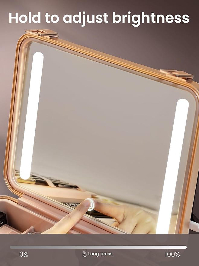 ROWNYEON Travel Makeup Case With Light Up Mirror Portable Train Case Organizer Make up Box for Girls Makeup Artist Hairstylist Casewith 5x Mirror Black