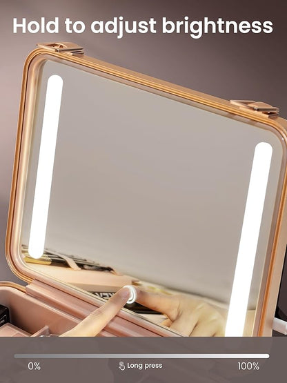 ROWNYEON Travel Makeup Case With Light Up Mirror Portable Train Case Organizer Make up Box for Girls Makeup Artist Hairstylist Casewith 5x Mirror Black