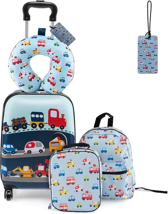 Goplus 5 Piece Kid’s Luggage Set, 16” Carry on Suitcase w/13” Backpack, Neck Pillow, Hardside Spinner Toddler Luggage, Travel Rolling Suitcase for Boys Girls Gifts (Blue, Car)